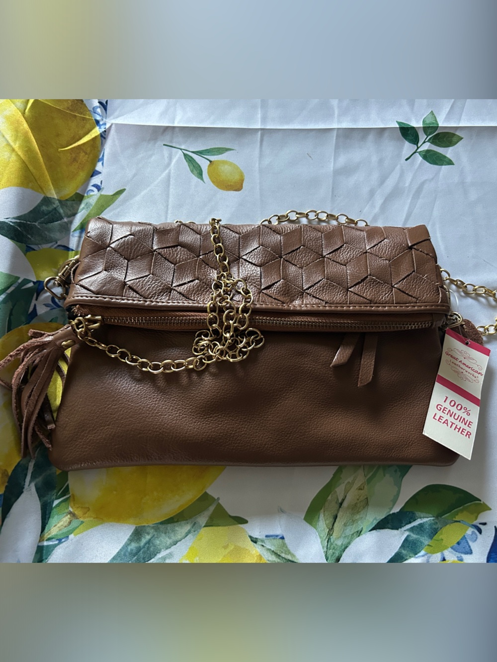 Brown Woven Leather Foldover Crossbody Bag with Gold Chain Strap & Tassel